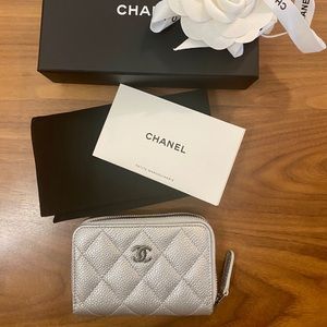 Silver Chanel Quilted Zip Cardholder